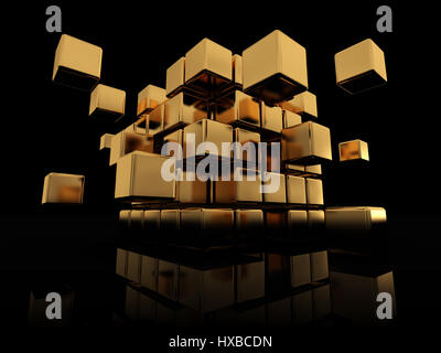 abstract 3d illustration of golden cube structure over black background Stock Photo