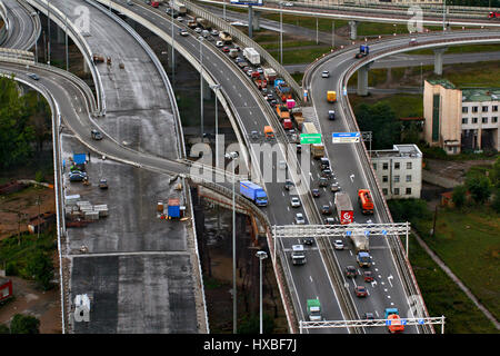 St-Petersburg, Russia - August 31, 2007: Top view on construction of ring road around Saint-Petersburg. Vehicular traffic on the highway, road congest Stock Photo