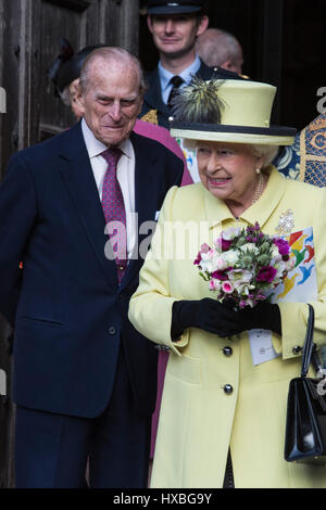 HRH Prince Philip and HM The Queen, Queen Elizabeth II, Westminster Abbey, leaving the Commonwealth Day service, London, England, United Kingdom Stock Photo