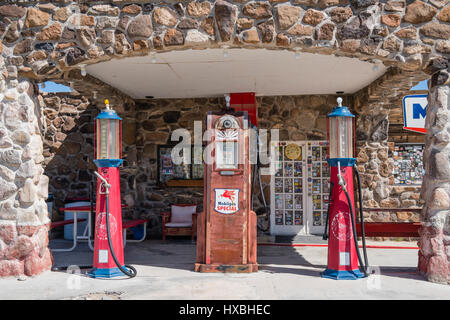 Old fashioned gas pumps at Cool Springs, Arizona. It is a one rock building place that has a cafe, museum, gift shop and old gas station. Generally it Stock Photo