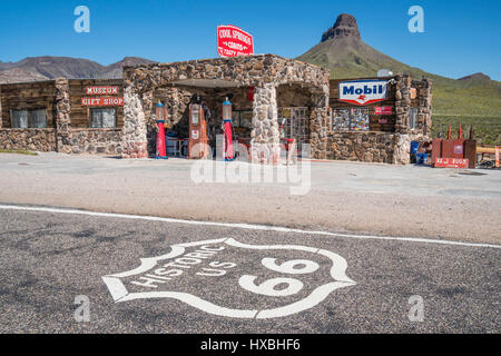 Cool Springs, Arizona is a one building place that has a cafe, museum, gift shop and old gas station. Generally it is not open, but being on route 66  Stock Photo