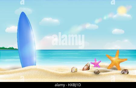 surfboard on a beautiful bright sea sand beach vector Stock Vector