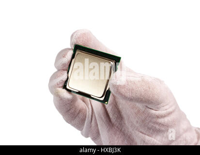Electronic collection - Computer processor from the top side in hand isolated on white background Stock Photo