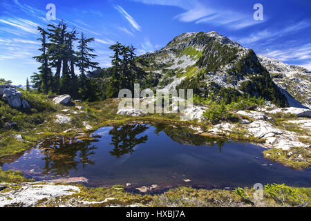 Sigurd Mountain Peak Skyline and Blue Alpine Lake Landscape Hiking Trail. Sunny Day in Tantalus Range Coast Mountains British Columbia Canada Stock Photo