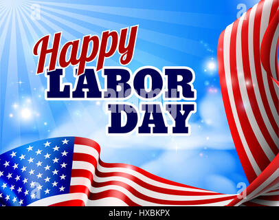 A Happy Labor Day design with an American flag banner border and sky in the background Stock Photo