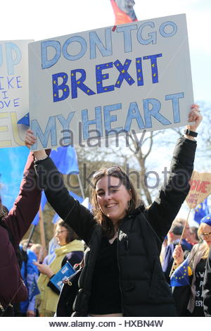 A woman holds a sign aloft at an anti Brexit rally in London, England in March 2017 Stock Photo