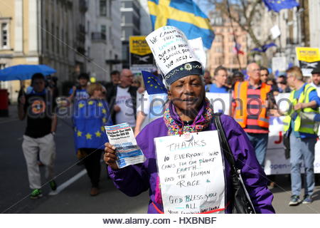 A woman leads the anti-Brexit protest towards Westminster, London, on March 25th, 2017 Stock Photo