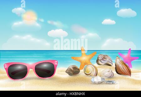 pink sunglasses sea shell and starfish on a sea sand beach Stock Vector