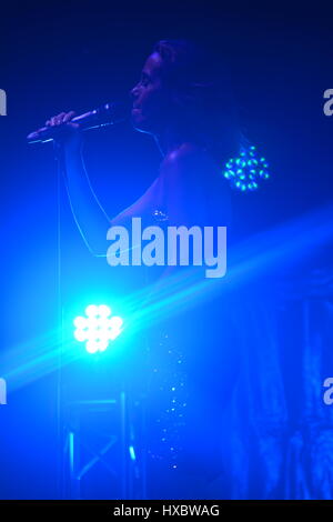 Andrea Simpson (nee Martin) one of Gibraltar's top vocalists singing at one of Gibraltar's annual events. Stock Photo