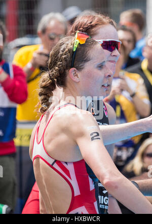 British triathletes Jessica Learmonth (nearest) and Lucy Hall. Stock Photo