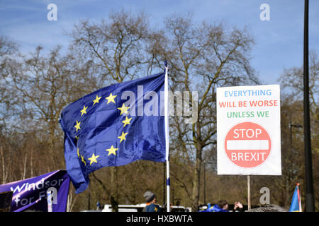Unite for Europe (anti Brexit) march to Parliament, a few days before Article 50 is due to be triggered. And 3 days after a terrorist attack on Westmi Stock Photo