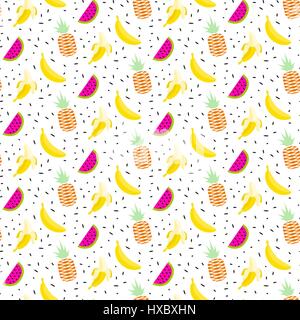 Summer fruit salad pattern with bananas, pineapples and watermelons. Seamless vector tropical background. Juicy exotic texture for fabric and apparel. Stock Vector
