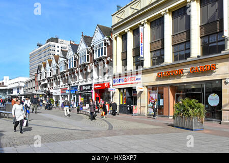 Shopping in Southend on Sea high street retail shops & shoppers town centre pedestrianised shop front store Clinton Cards & Sports Direct  England UK Stock Photo