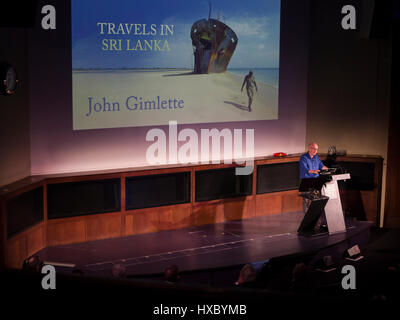 Famous travel author speaks at the Royal Geographical Society Stock Photo