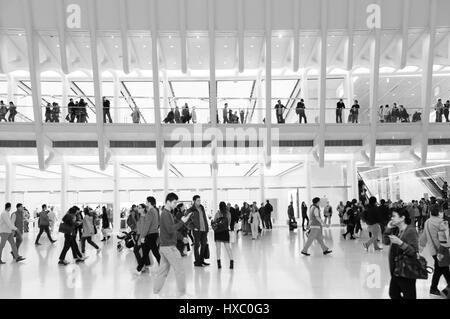 NEW YORK CITY - 1 OCTOBER 2016:People walking on the ground and first floor of the Oculus by architect Santiago Calatrava, the modern train station an