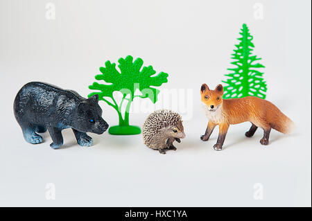 little animal toys Fox, bear and hedgehog on white background Stock Photo