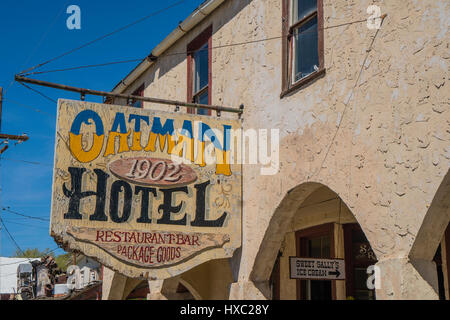 Oatman hotel sign in front of the historic, 1902, route 66 hotel. Stock Photo