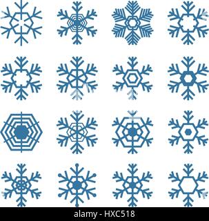 Set of sixteen snowflakes isolated on a white background, part of the eighth, vector illustration. Stock Vector