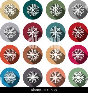 Set of sixteen icons with snowflakes long shadow, flat style, vector illustration. Stock Vector
