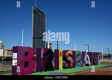 Brisbane, Australia: Brisbane sign at South Bank with the 1 William Street tower block in the background Stock Photo
