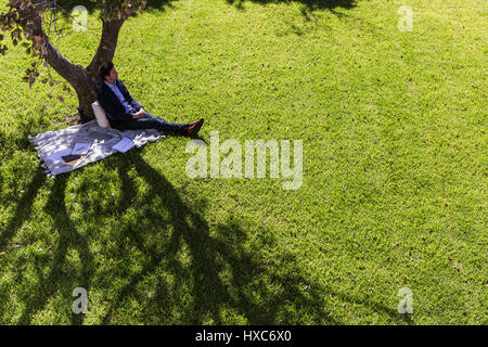 Serene businessman relaxing on blanket below tree in sunny park Stock Photo