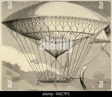 Charles Henri Dupuy de Lome (1816-1885). French naval architect. The airship developed by Dupuy de Lome in 1872. Engraving. 'La Ilustración Española y Americana', 1872. Stock Photo