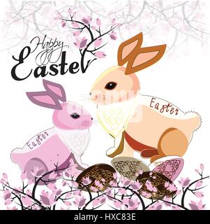 couple of Easter bunnies with eggs and blooming magnolia Stock Vector