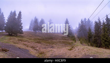 rural mountain landscape in a misty spring morning Stock Photo