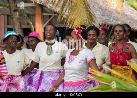 Madagascar, Nosy Boraha (aka Ile Ste Marie). Welcome folkloric dancers. Stock Photo