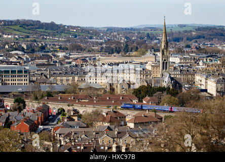 A First Group Great Western Railway HST InterCity 125 train is pictured from Bathwick Hill as it travels through the City of Bath. Bath,England,UK Stock Photo