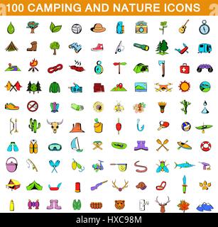 100 camping icons set, cartoon style  Stock Vector