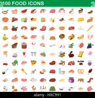 100 food icons set, cartoon style Stock Vector