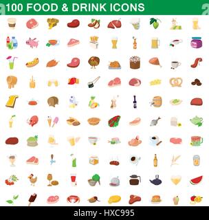 100 food and drink icons set, cartoon style Stock Vector