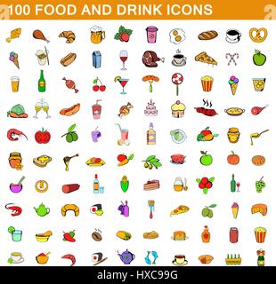 100 food and drink icons set, cartoon style Stock Vector