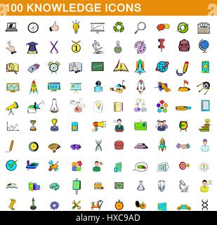100 knowledge icons set, cartoon style Stock Vector