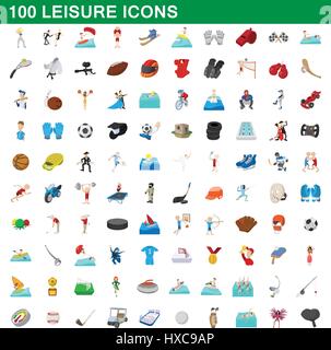 100 leisure icons set, cartoon style Stock Vector