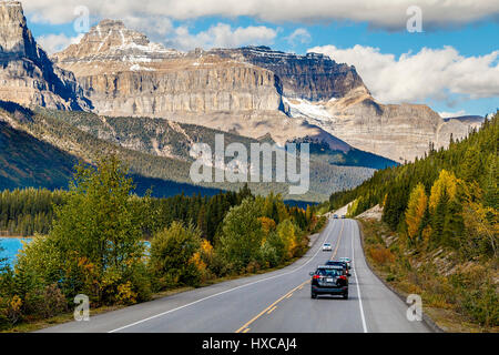 Heading North through the Rockies on Icefields Parkway in Banff National Park towards Jasper, Alberta, Canada. Stock Photo