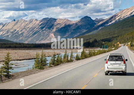 Heading North through the Rockies on Icefields Parkway in Banff National Park towards Jasper, Alberta, Canada. Stock Photo