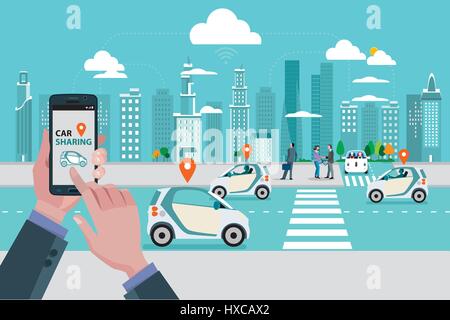 Man's hands with a smart phone with a car sharing app. Roads with car sharing cars and people walking on the street. In the background skyline skyscra Stock Vector