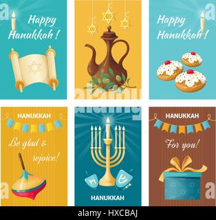 Set of holiday banners on Hanukkah. Sweets and gifts. Jug of oil and menorah Stock Vector