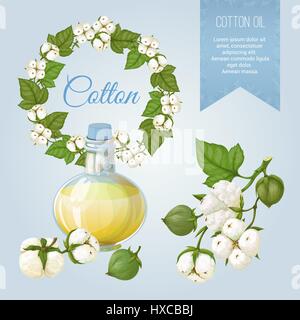 Vector set of objects on the topic of cotton, its fruits and its application. Cottonseed oil. Background and Label. Achieved in a realistic stile. Obj Stock Vector