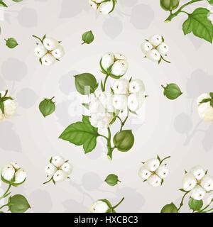 Vector pattern of flowers of cotton, made in a realistic style. Seamless wallpaper. Isolated objects. Stock Vector