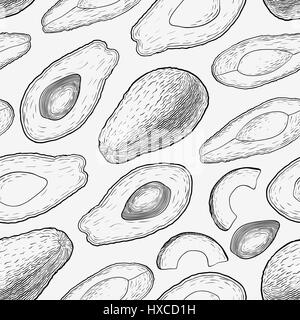 Seamless pattern with hand drawn engraved avocado isolated on white background. Stock Vector