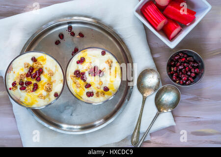 White chocolate mousse with poached rhubarb - top view Stock Photo