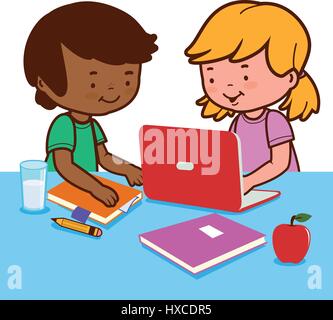 Students doing homework using a computer. Stock Vector