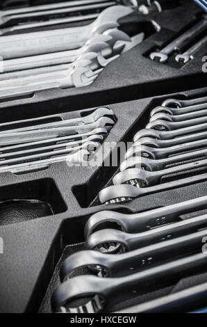Toolbox in the workshop, close-up Stock Photo