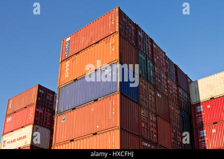Container pile on a place in the container port, container stacking on a place in container port |, Containerstapel auf einem Platz im Containerhafen  Stock Photo