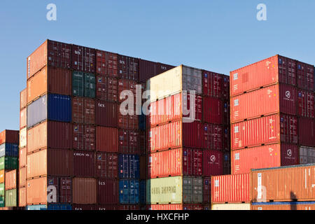 Container pile on a place in the container port, container stacking on a place in container port |, Containerstapel auf einem Platz im Containerhafen  Stock Photo