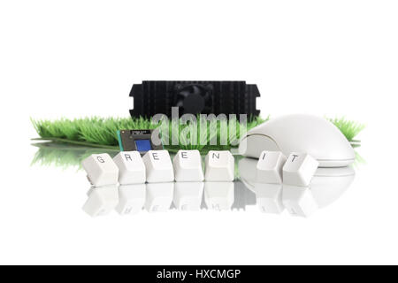 Processor, fan and mouse with art lawn, Processor, fan and mouse with synthetic Grass |, Prozessor, Lüfter und Maus mit Kunstrasen |Processor, fan and Stock Photo