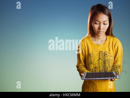Digital composite of Woman looking down at tablet and buildings sketch against blue green background Stock Photo